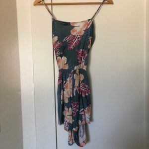 Roxy Blue-Green Tropical Romper with Pockets and tie back